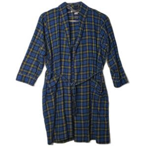 Lands End Blue Plaid Flannel Robe Mens Size XL
